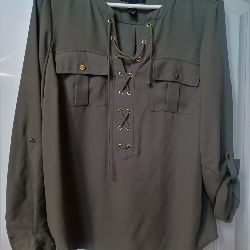 INC (International Concepts)  long sleeved army green blouse.  Size 10